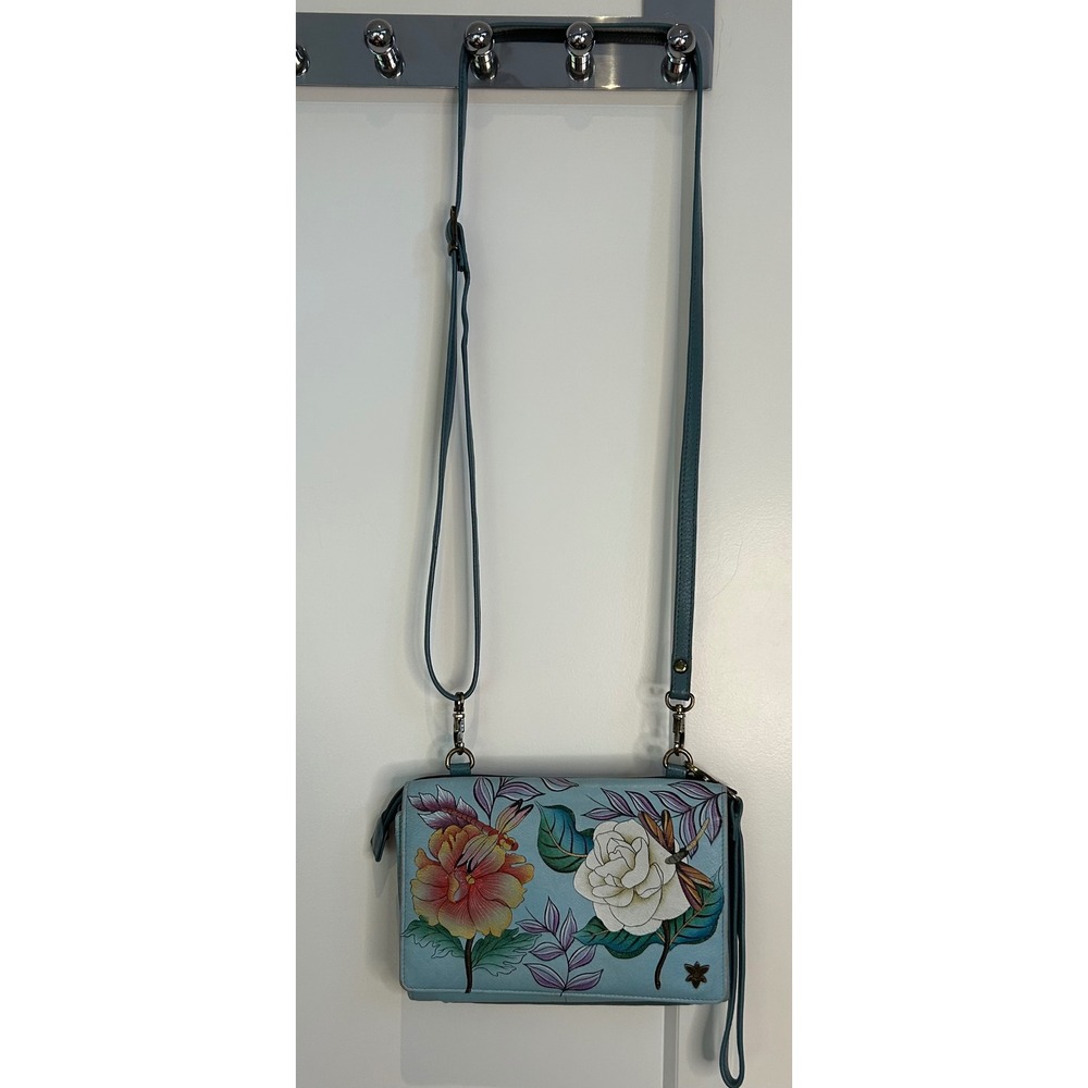 Anuschka Hand Painted Leather Crossbody Wallet Bag Blue Floral Dragonfly RFID